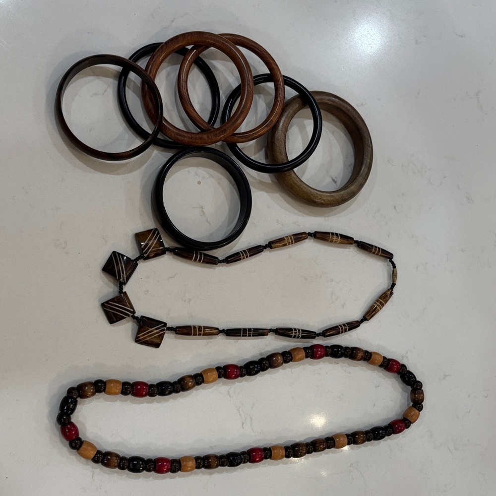 Wooden and Black Beaded Jewelry Set